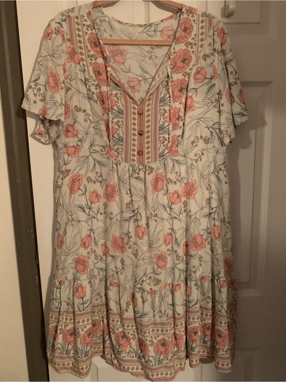 Coral and Cream Floral V-Neck Tiered Midi Dress